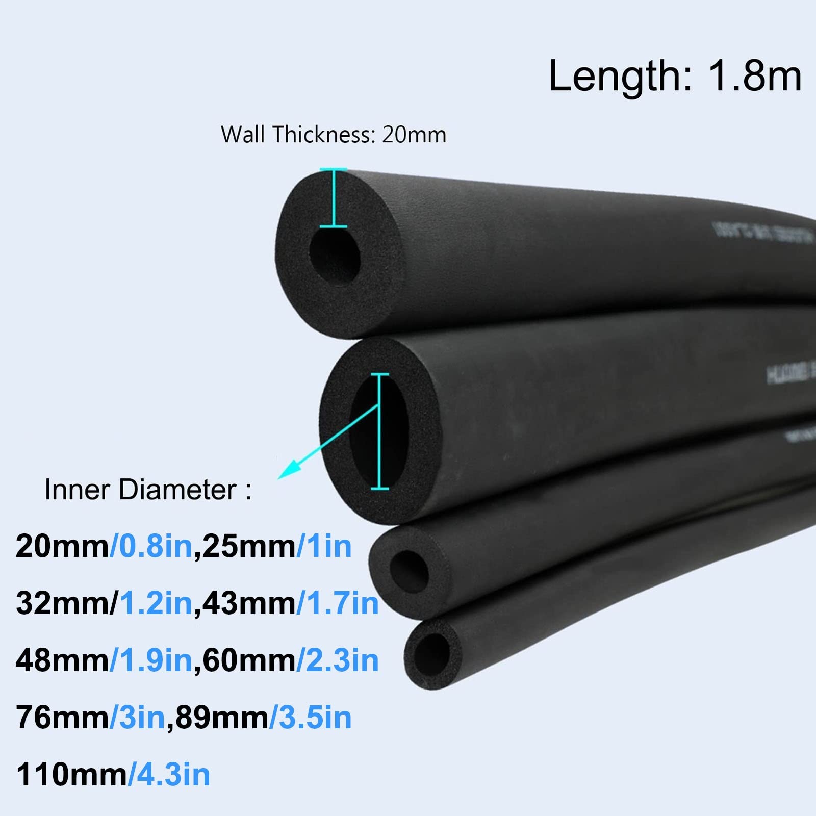 Pianka izolacyjna do rur, 1,8 m, grubość 20 mm, wąż z pianki przeciw zamarzaniu do rur wodnych wewnątrz i na zewnątrz(32mm(1.2"))
