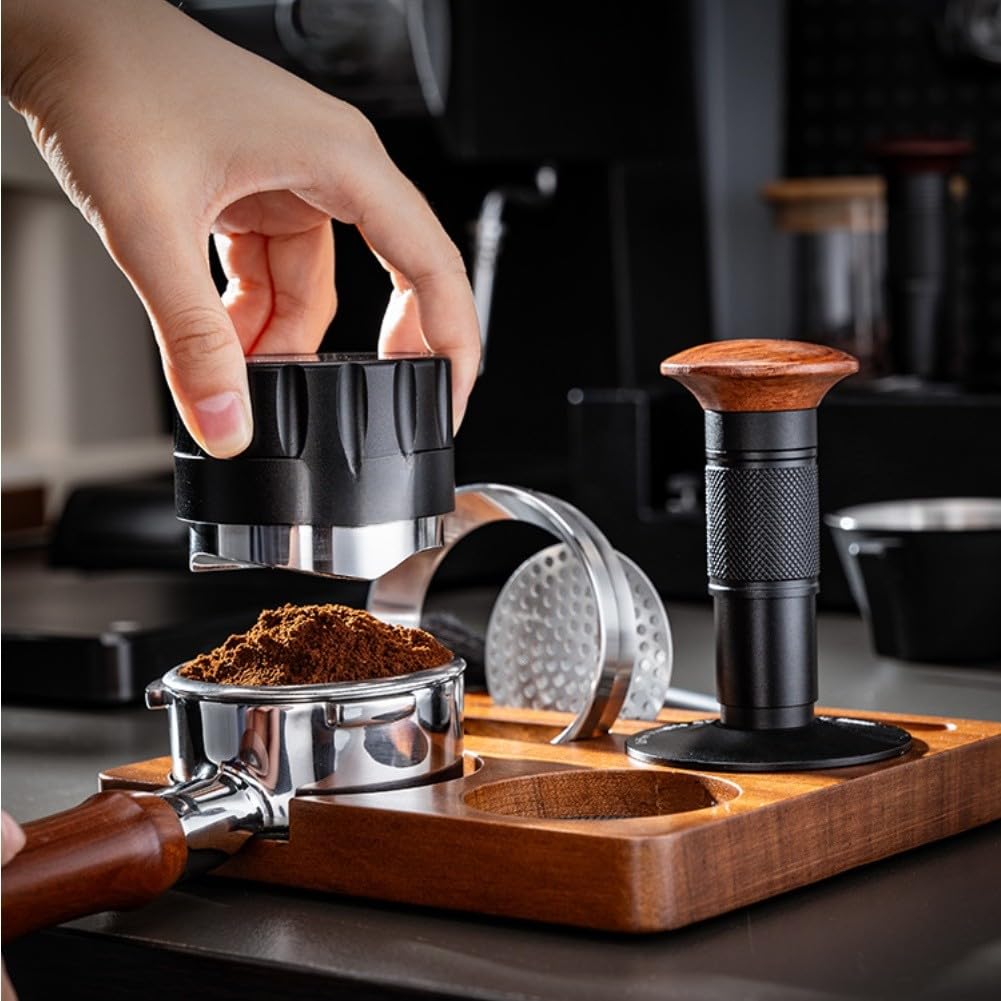 Juego de 6 piezas de prensador de espresso con estación de apisonamiento de madera, distribuidor, embudo dosificador, cepillo y pantalla de disco, cafetera barista