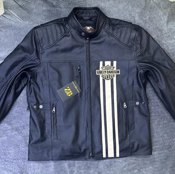 Mens Top Grain Cowhide Black Vintage Motorcycle H-D Triple Vent II Leather Biker Jacket