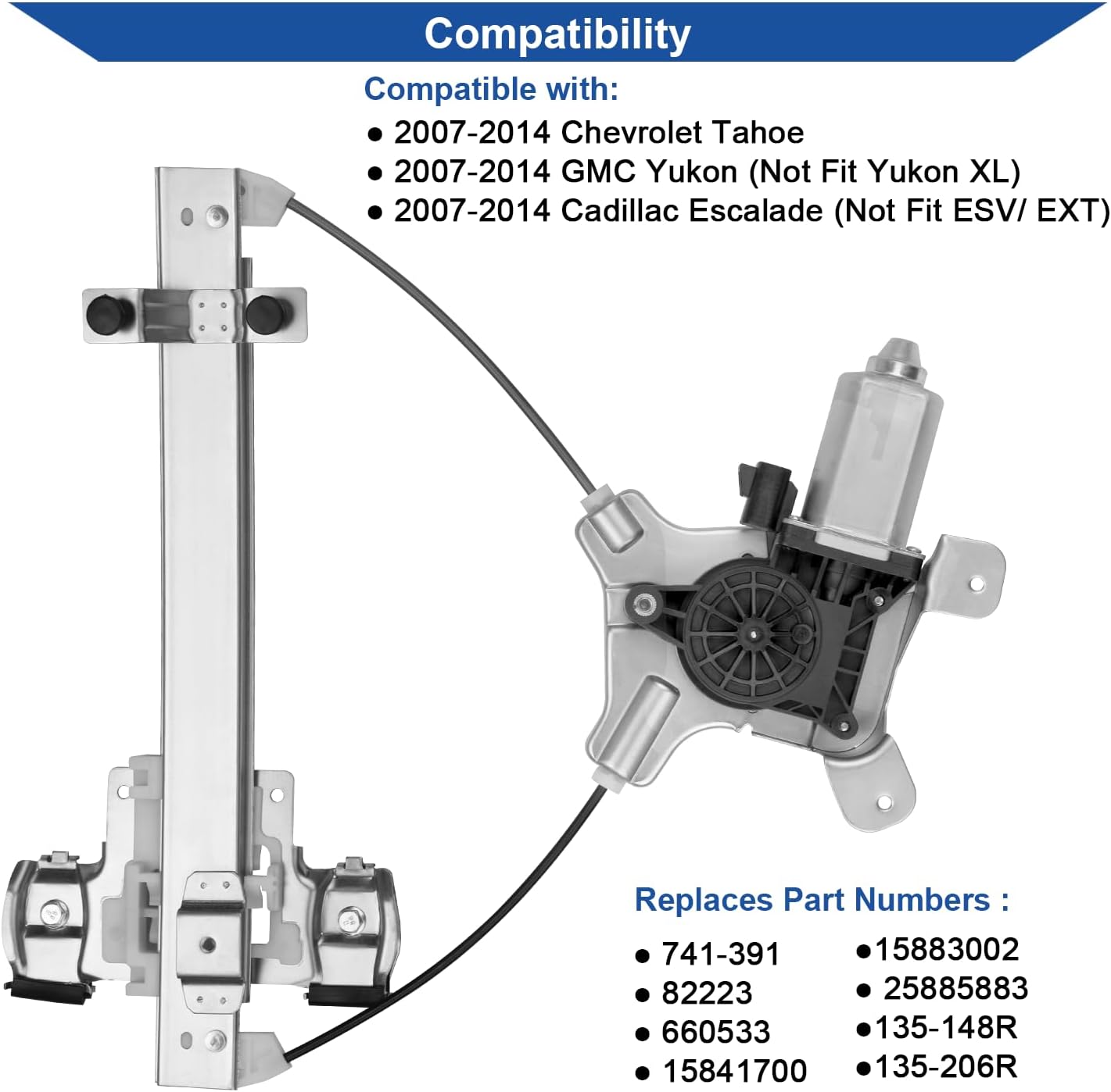 Obaee 741-391 Rear Right Passenger Side Power Window Regulator with Motor Compatible with Cadillac Escalade 2007-2014/ Chevrolet Tahoe 2007-2014/ GMC Yukon 2007-2014, Replace OE 15841700, 15883002