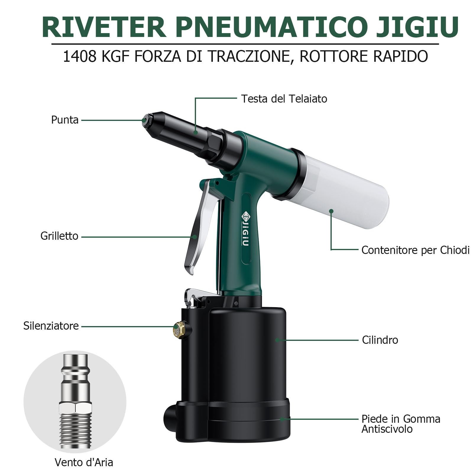 JiGiU Rivettatrice ad Aria Professionale per Rivetti 2.4-4.8mm Rivettatrice Pneumatica 1408KGF con Forza di Trazione, Attacco Europeo e Grifi - per Auto, Industria, Fai Da Te