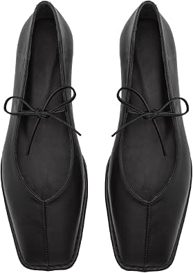 Ballet Flats for Women Lace Up Bow Square Toe Mary Janes Cute Ballerina Shoes Slip On Comfortable Elegant Dress Shoes