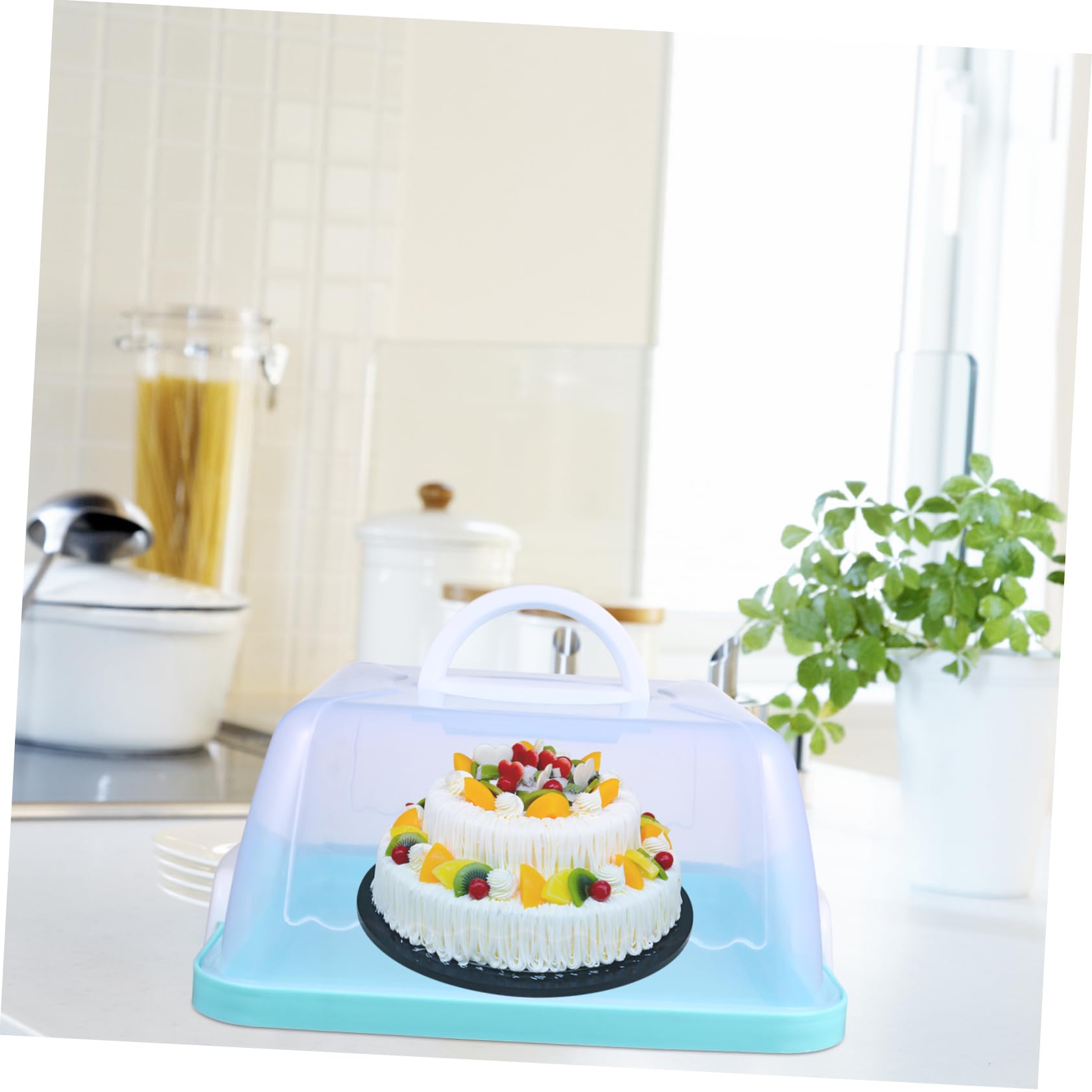 OFFSCH Portable Cake Carrier Rectangle Cake Box Handle Food Preservation Box Blue Plastic Easy Clean