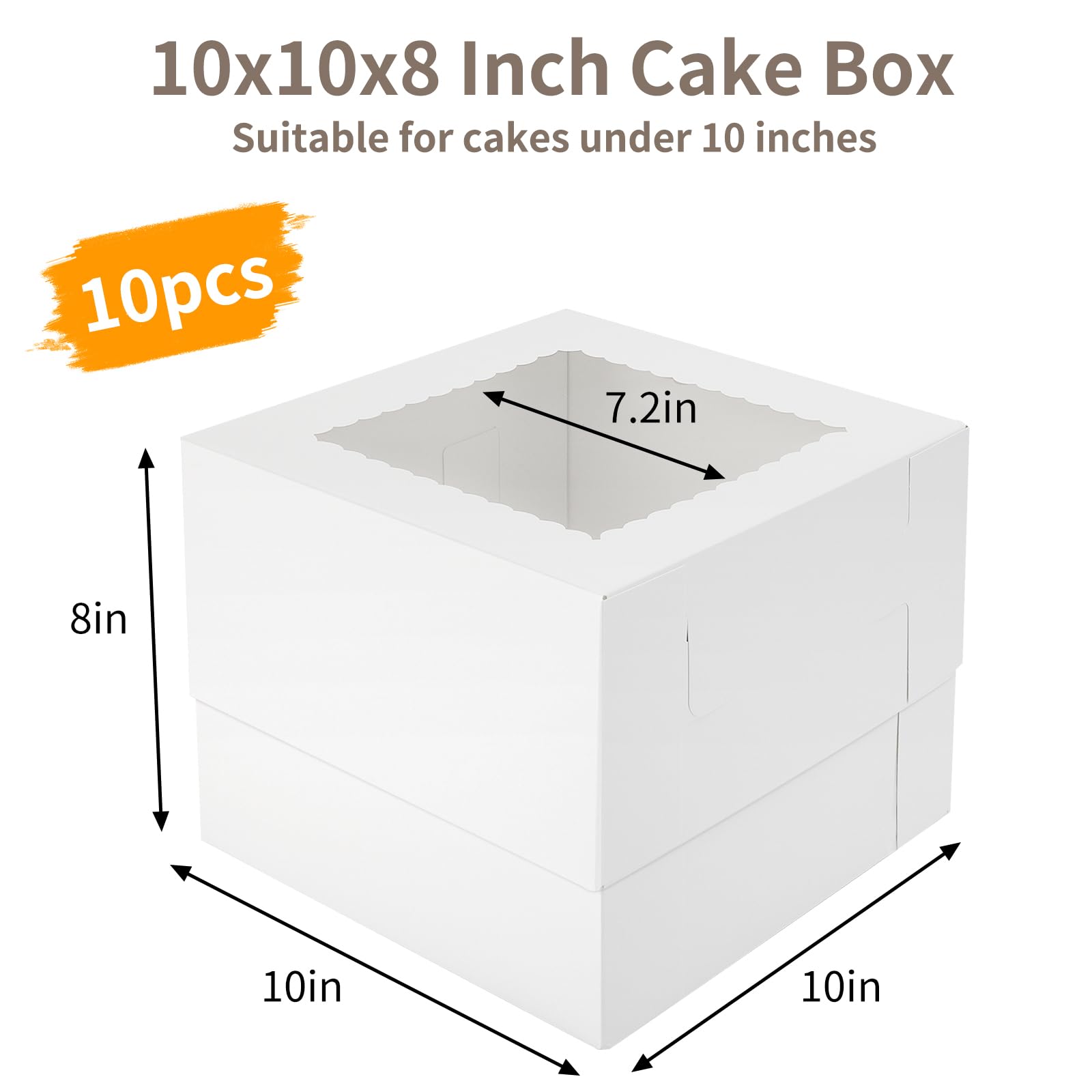 Moretoes 10 cajas para tartas de 10 x 10 x 8 pulgadas, cajas de panadería blancas con ventana, cajas altas de cartón para postres, pasteles, cupcakes, donas, postres