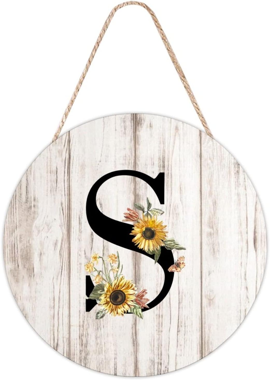 Farmhouse Rustic Round Wood Sign Sunflower Black Monogram Alphabet Initial Letter S Wooden Sign Decorative Wall Art Plaque Welcome Sign for Front Door Porch Garden Gate Home Decor 16x16