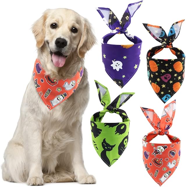 Halloween Dog Bandanas, 4 Pack Triangle Scarves Bibs for Dogs, Adjustable Premium Durable Fabric, Pumpkin Ghost Witch Horror Holiday Pet Bandanas for Small Medium Large Dogs Cats Pets