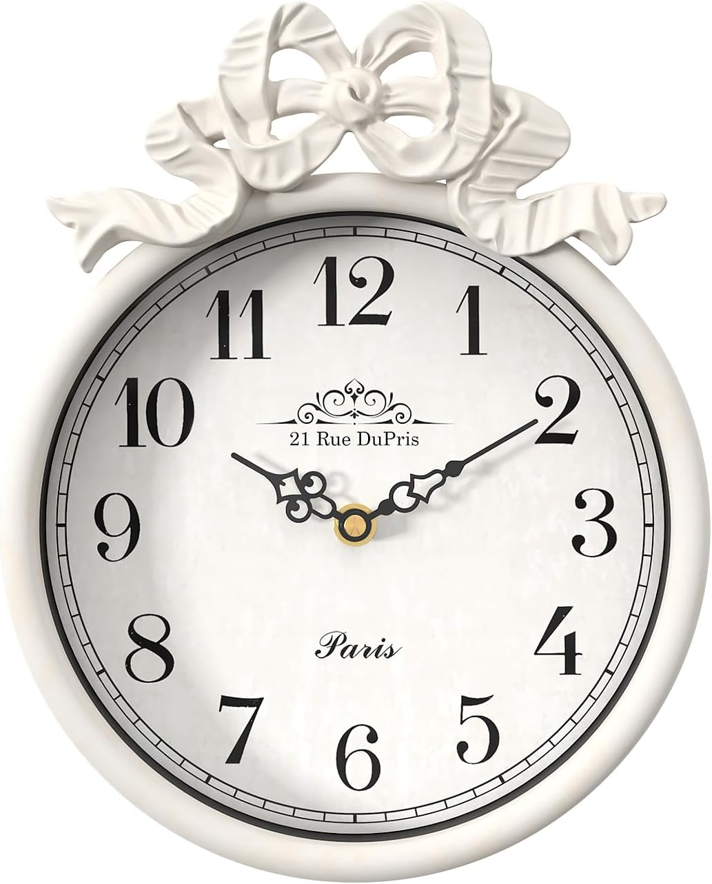 French Small Wall Clock with Bow, Vintage Ivory White Boho Style, Silent Battery Operated Decorative Wall Clocks for Farmhouse,Bedroom,Bathroom,Gifts New Home(10" H x 7.9" W)