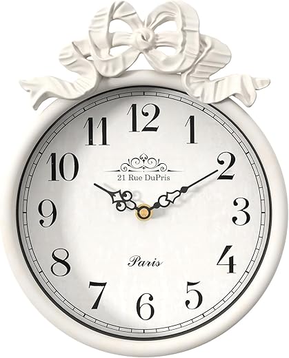 French Small Wall Clock with Bow, Vintage Ivory White Boho Style, Silent Battery Operated Decorative Wall Clocks for Farmhouse,Bedroom,Bathroom,Gifts New Home(10 H x 7.9 W)