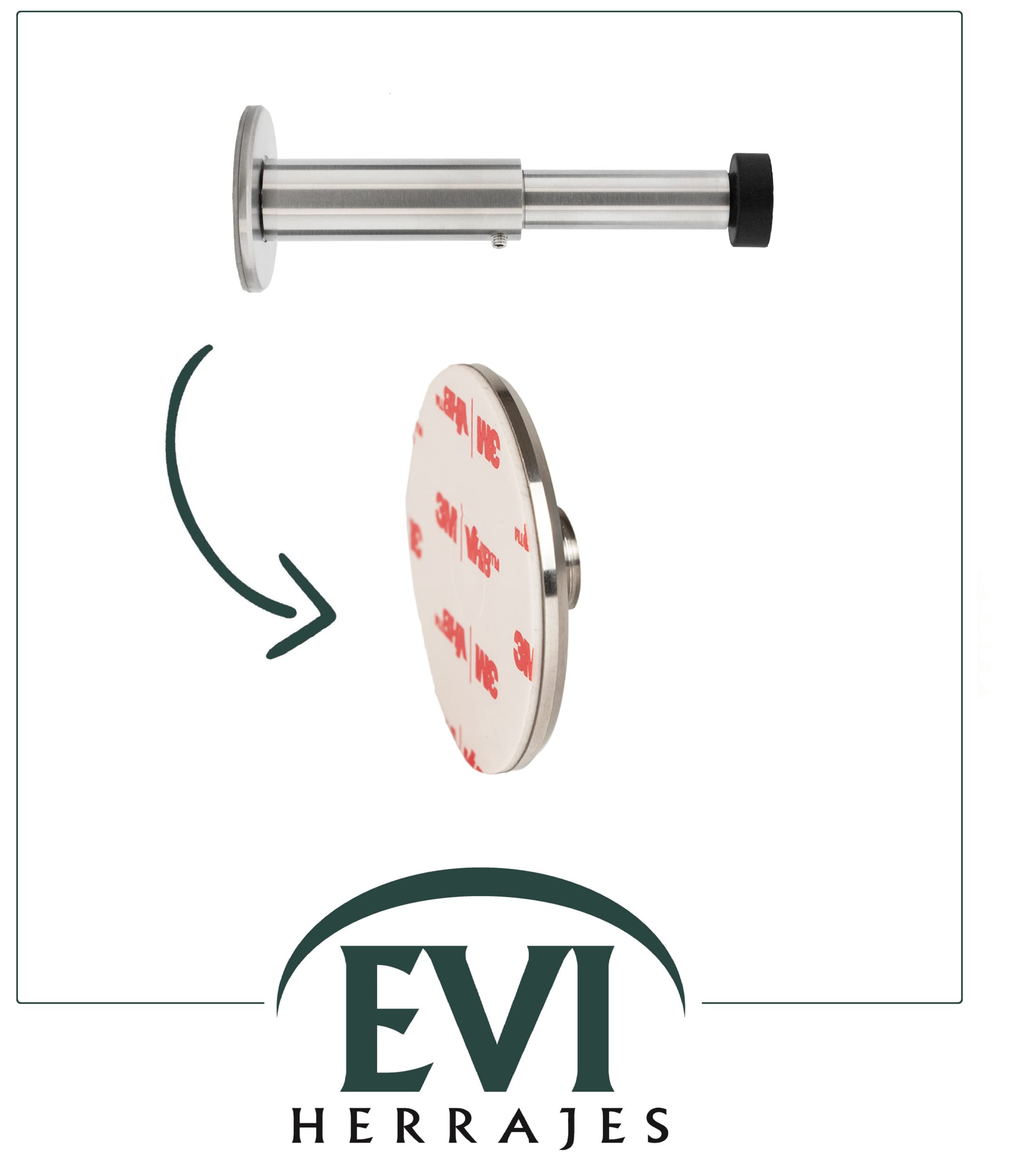 EVI Herrajes|Fermo a parete regolabile da 88 a 128 mm|Doppia installazione, base adesiva o vite | Acciaio inossidabile, silicone naturale e adesivo 3M|Protegge Porte, Mobili e Pareti|040258DUALAM
