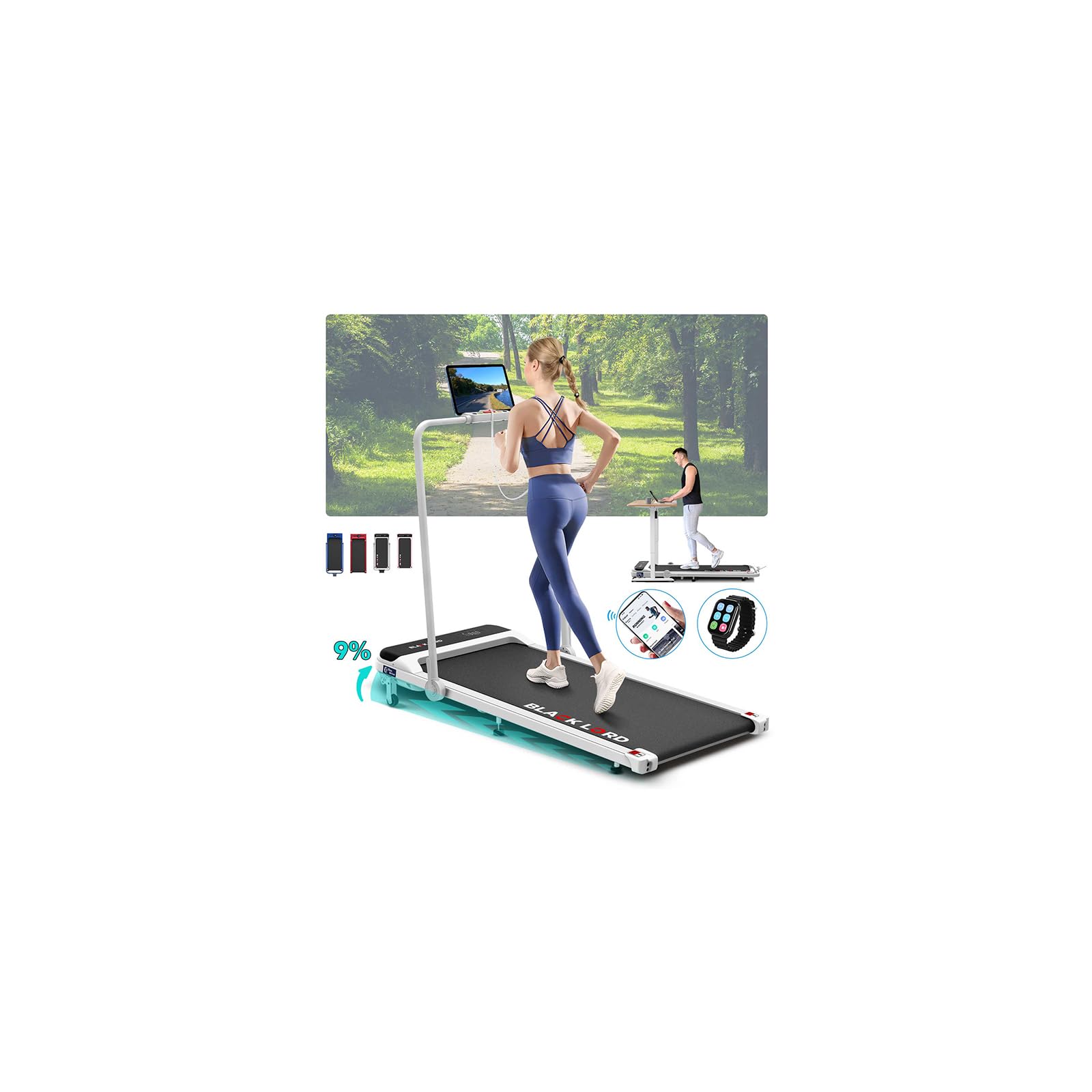 BLACK LORD 4 in 1 Walking Pad, Under Desk Foldable Treadmills for Home with LED Display & Bluetooth Speaker & Wristband Remote, Electric Running Machine with 9% Incline, 1-14KM/H, No Assembly, White