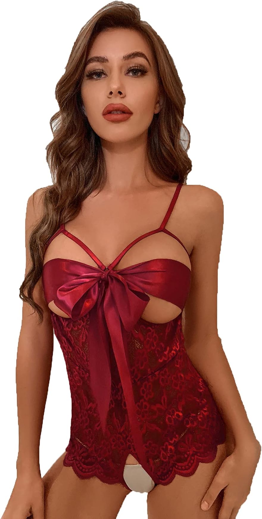 RomweWomen's Self Knot Front Teddy Lingerie One Piece Floral Lace Bodysuit Babydoll Burgundy S