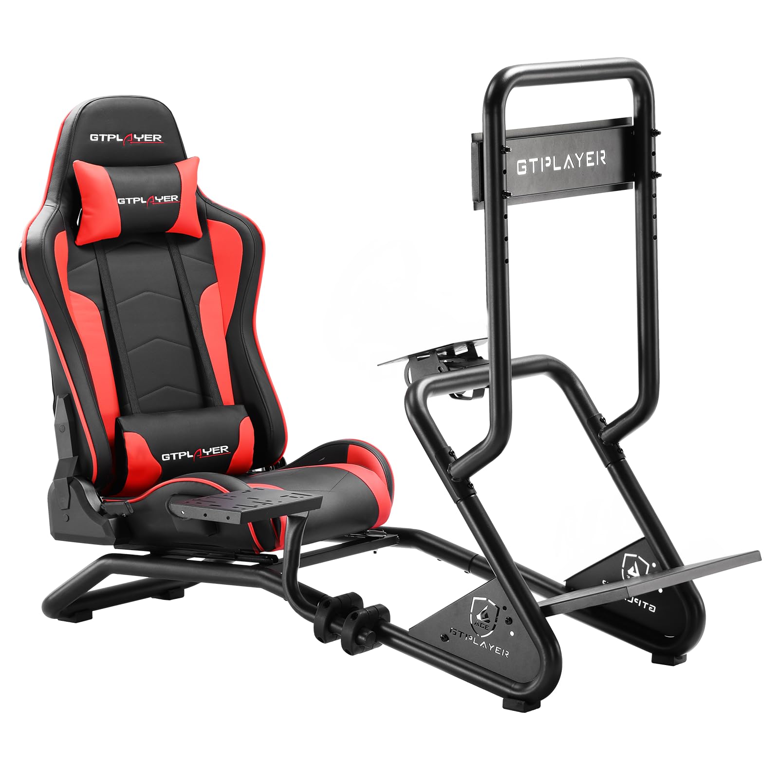 GTPLAYER Racing Simulator Cockpit with Monitor Stand and Seat and Bluetooth Speakers, Racing Style Reclining Seat and Ultra-Sturdy Alloy Steel Frame Racing Wheel Pedals NOT Included, Red