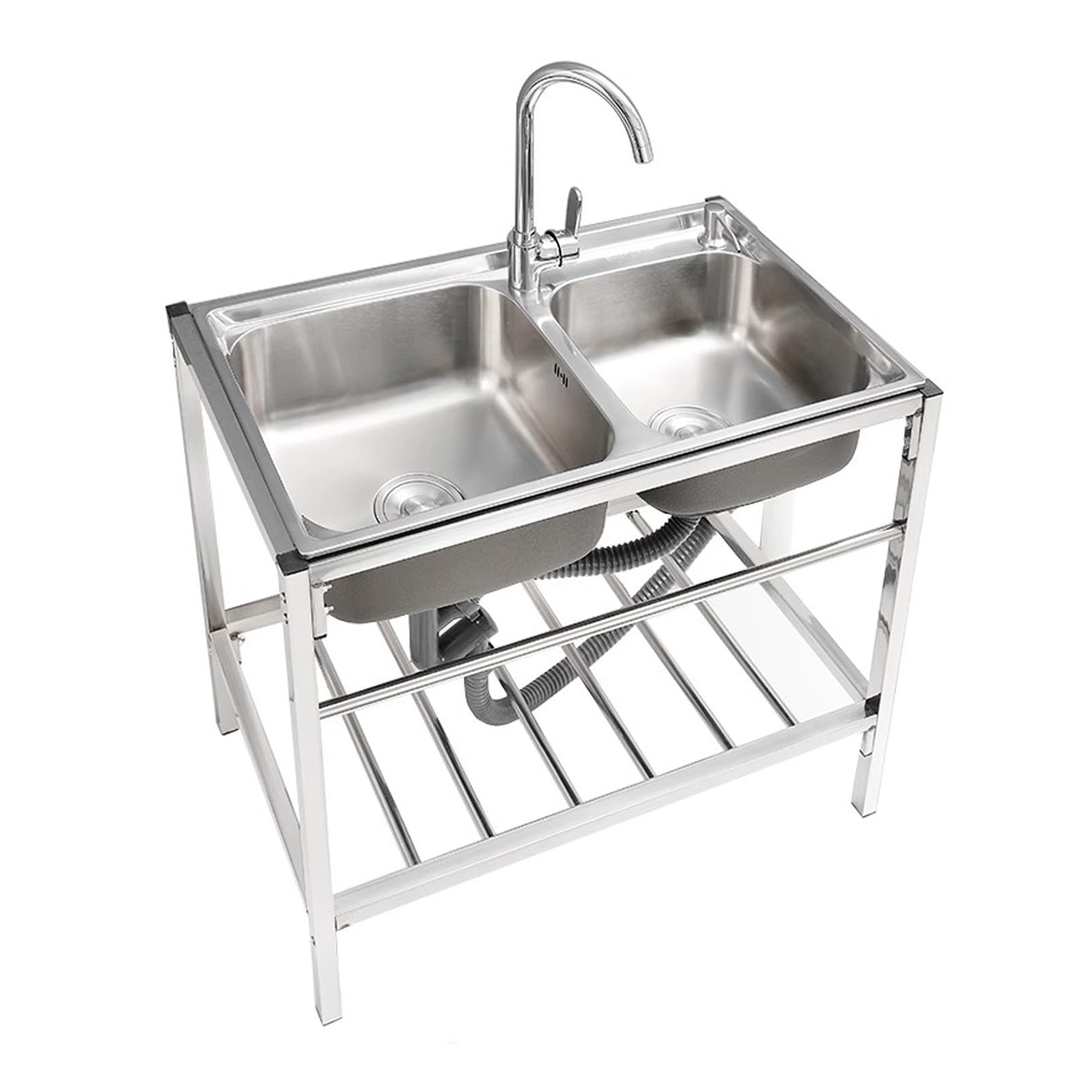LMYSXAOZ Double Bowl Utility Sink, Stainless Steel Commercial Kitchen Sink Set, Freestanding Outdoor with Outlet Pipes, Dish Washing Dual Drainboard, for Restaurant/Kitchen