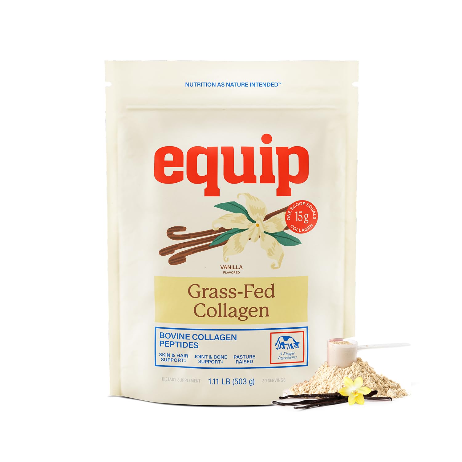 Equip Foods Grass Fed Collagen - 100% Hydrolyzed Bovine Collagen Peptides with Amino Acids - Prime Beef Collagen for Healthy Joints, Skin & Nails - Non-GMO, Paleo Friendly, 1.11 Pound, Vanilla