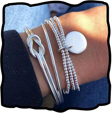 Boho Layered Knot Bangle Stackable Bracelets Silver Dainty Coin Beaded Hand Jewelry for Women and Men 5Pcs Coin