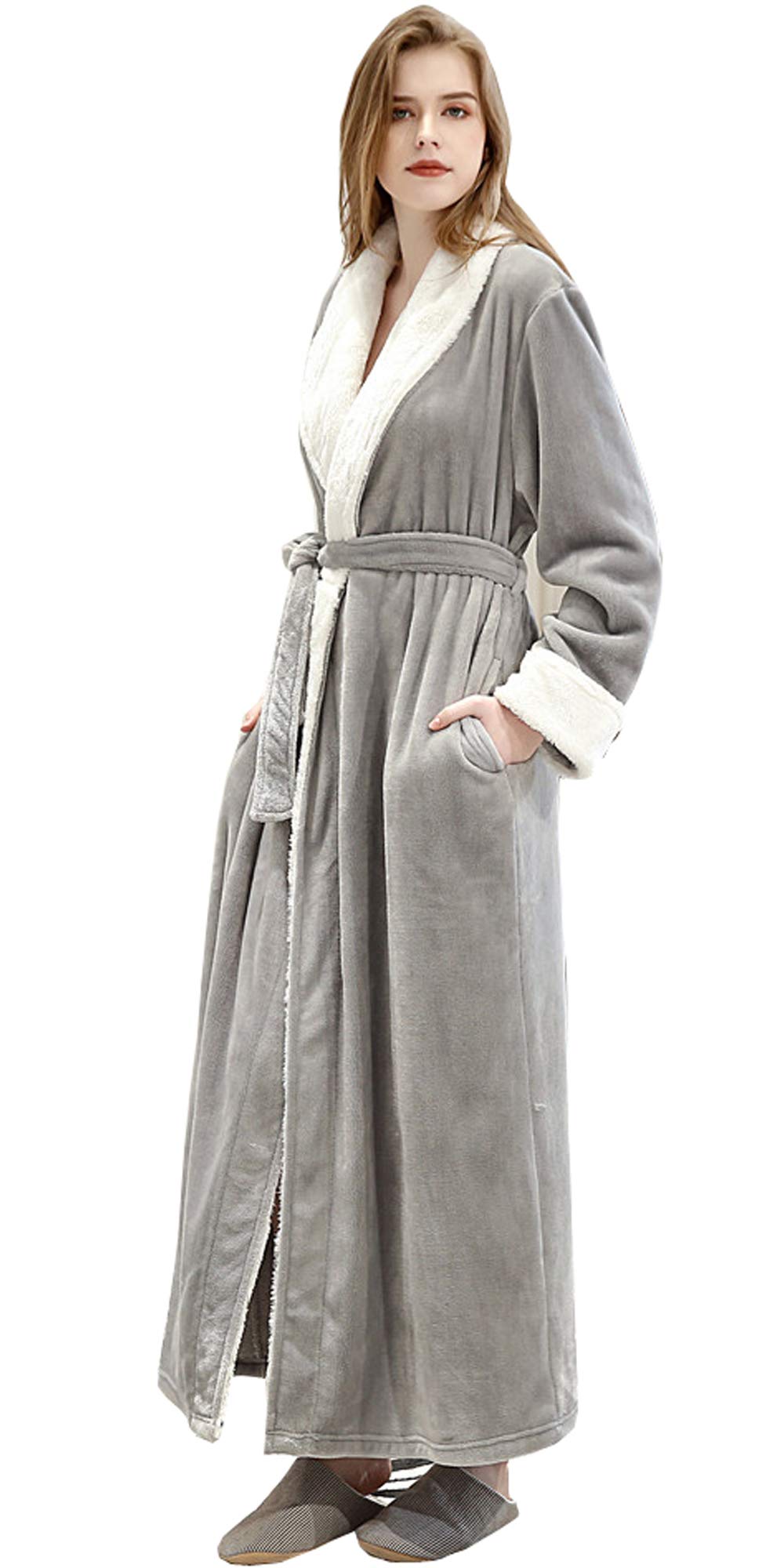 Ladies Shimmer Fleece Dressing Gown Soft Plush Bathrobe Nightgown Housecoat Loungewear for Mother Wife Daughter Couple Grey XL