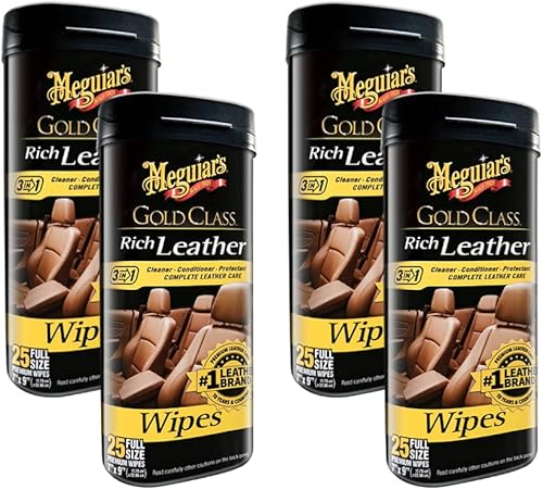 Toallitas de cuero ricas Meguiar's Gold Class limpian, acondicionan y protegen las superficies de cuero con protección UV, fórmula infundida con