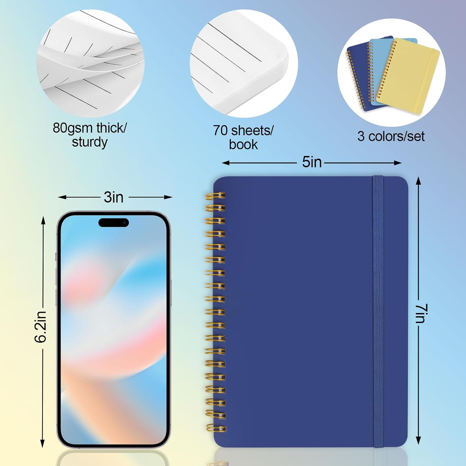  3 PCS Small Spiral Notebook 5x7, Notebooks for Note Taking, Blue Color Scheme Spiral Journal Notebook, Work Notebook Small Notebooks 5x7 with Strap, Cute Notebooks for Women 70 Sheets/Note Books thumbnail