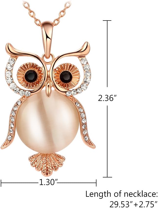 Kemstone Rose Gold/Silver Plated Cat's Eye Stone Owl Pendant Necklace Long Necklace, 32" +