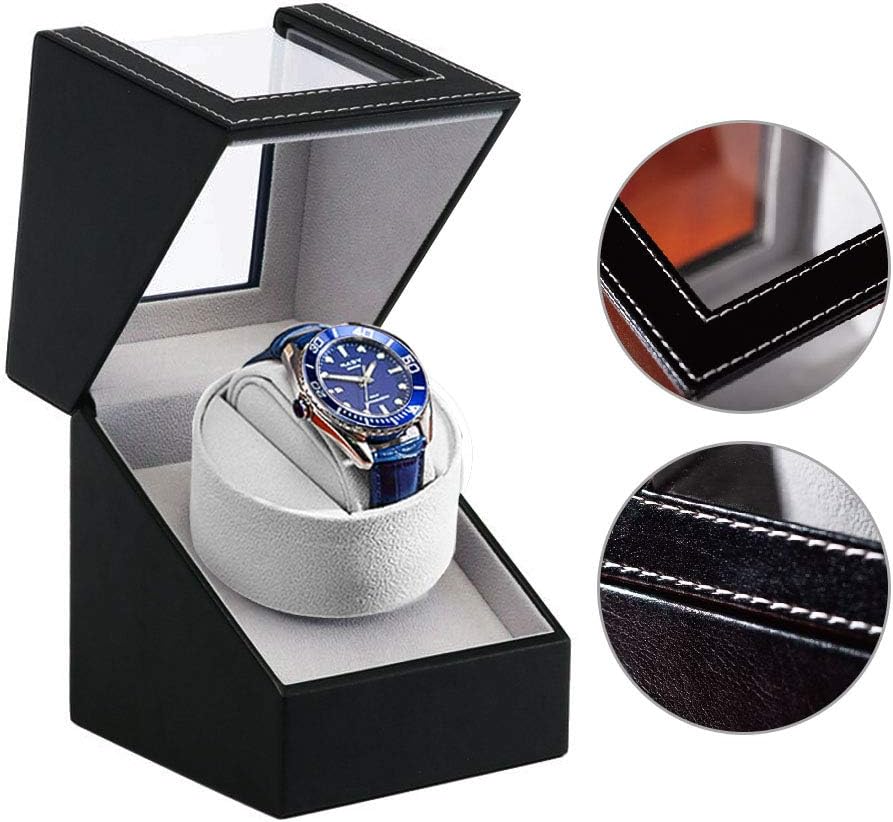 Automatic Single Watch Winder in Wood Shell and Black Leather/Carbon Fiber Leather Japanese Motor (PU): Home Improvement