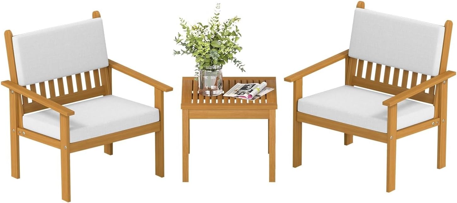 3-Piece Patio Furniture Set Wood Patio Bistro Outdoor Chat Conversation Table Chair Sets with Water Cushions and Coffee Table Chairs for Beach Backyard Garden