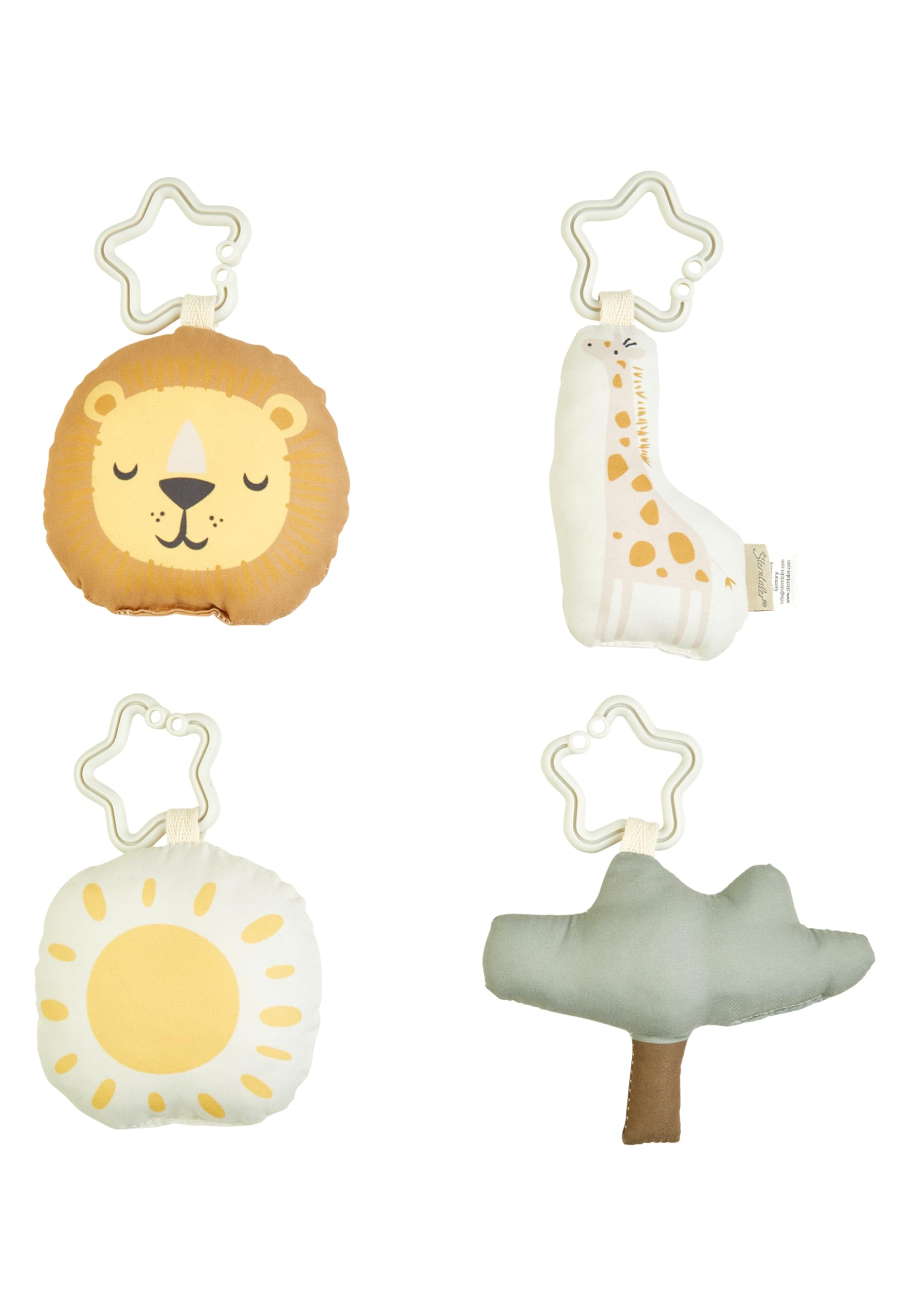 Sterntaler Spielbogen Giraffe & Löwe – weiche Spieldecke mit Druckmotiv – abnehmbare Spielfiguren mit Knisterpapier, Rassel & Quietsche – Baby Activity Decke, ab Geburt - 80x80 cm, ecru