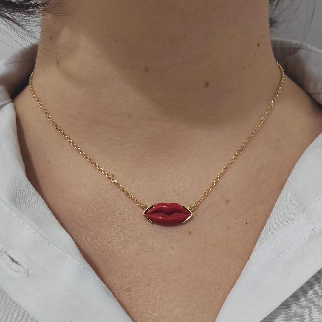 Collana labbra Bocca lolita pasta di corallo rosso naturale del Mediterraneo montatura in argento 925 dorato con catenina regolabile gioiello artigianale