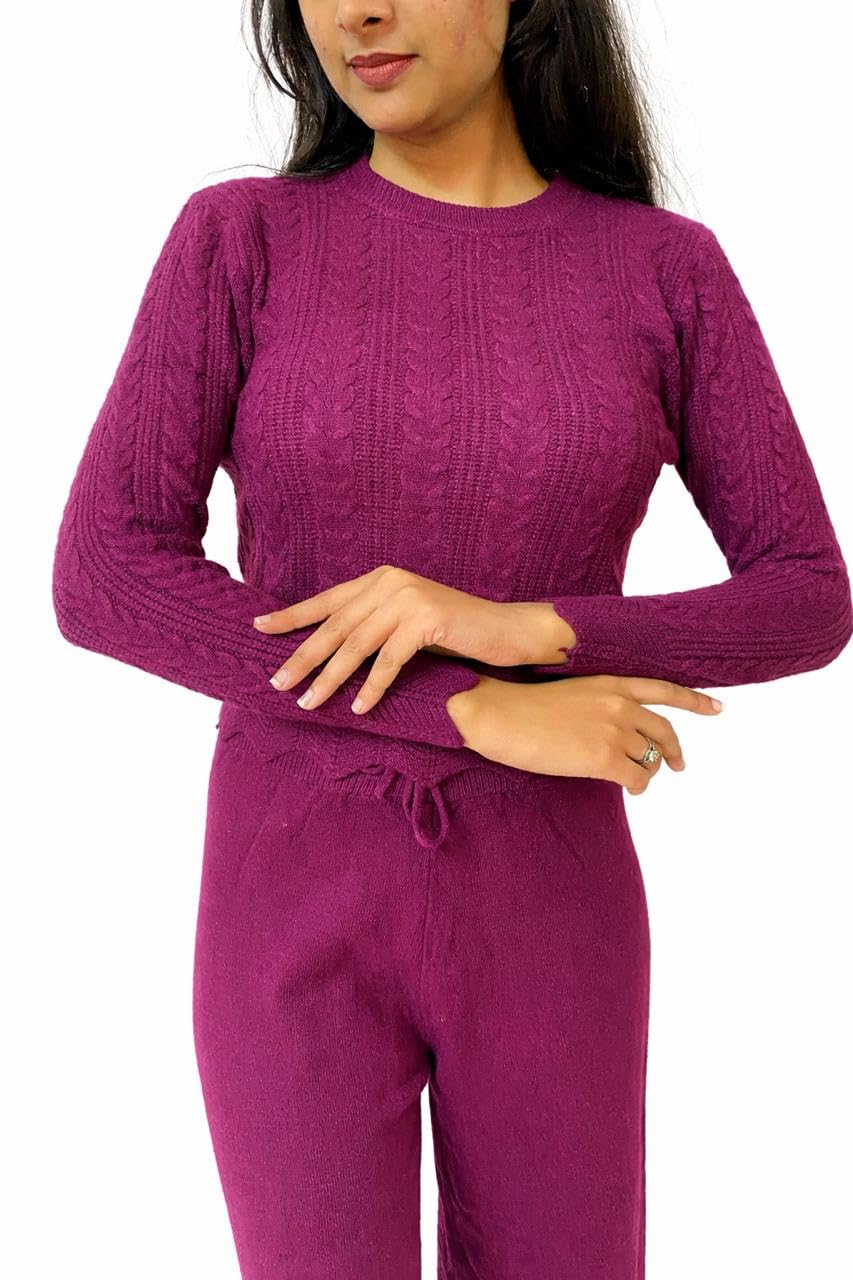 Buy Arsmaniere Woollen Cord Set for Women Winter, Purple Cable