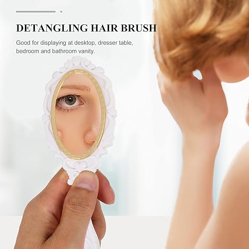 Miniatura 2 de Juego de peine de espejo de mano vintage 5 piezas de peine de dientes anchos cosméticos para niñas, espejo de mano con flor en relieve, cepillo