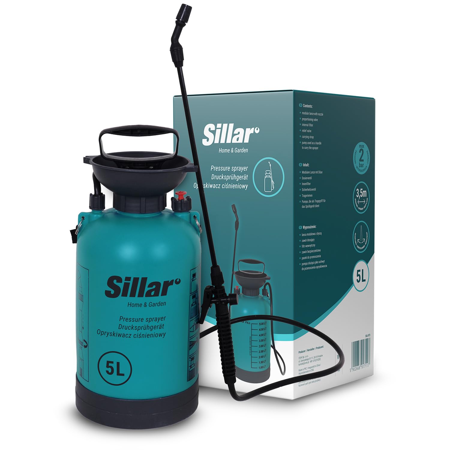 Sillar 5L Drucksprüher mit Verstellbarer Lanze & Sicherheitsventil | Universelle Sprühflasche für Garten, Haushalt, Reinigung, Schädlingsbekämpfung & Pflanzenschutz, verstellbare Düse