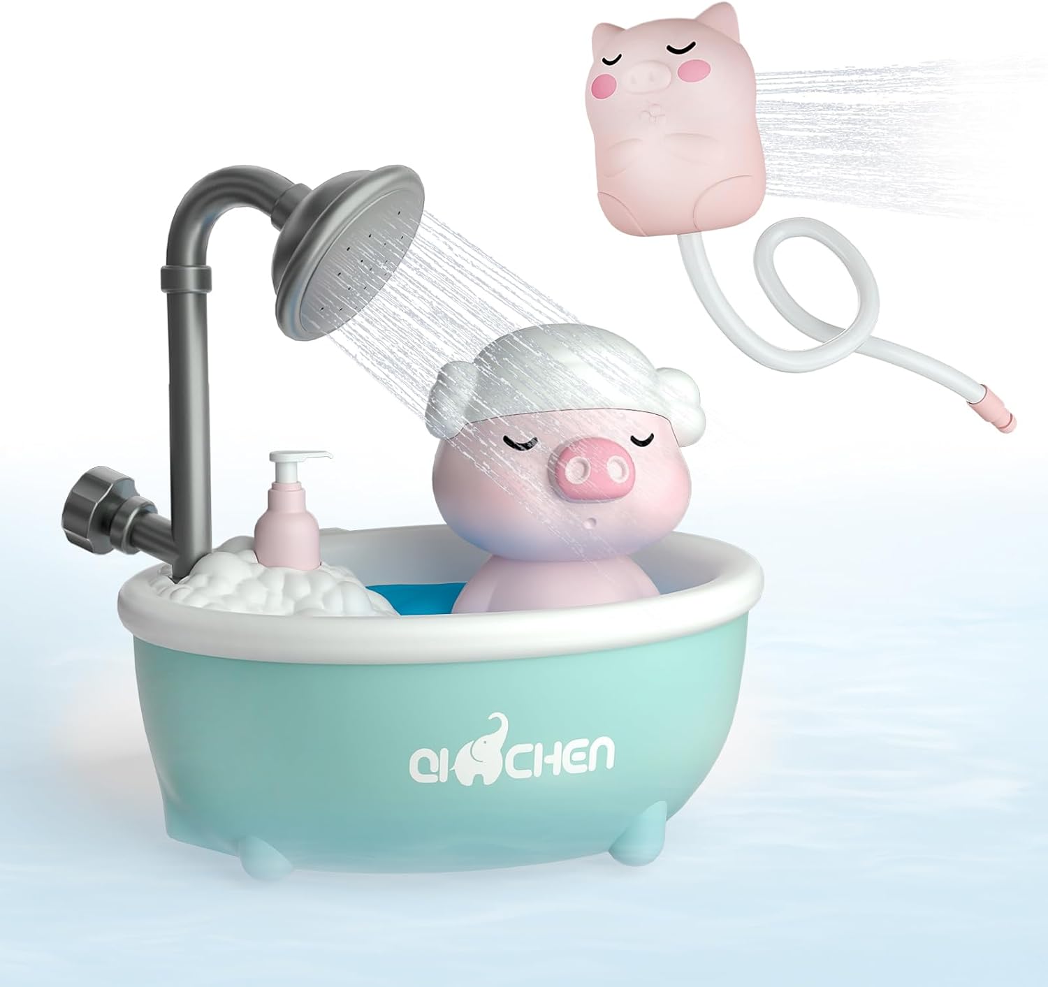 VGY Baby Bath Shower Head - Pig Tub Baby Bath Toys for Kids Ages 1-3 Essentials- Water Pump Toy with Pig Spray Head and Faucet Sprayer, for Bathtub, Sink, Water Table (Blue)