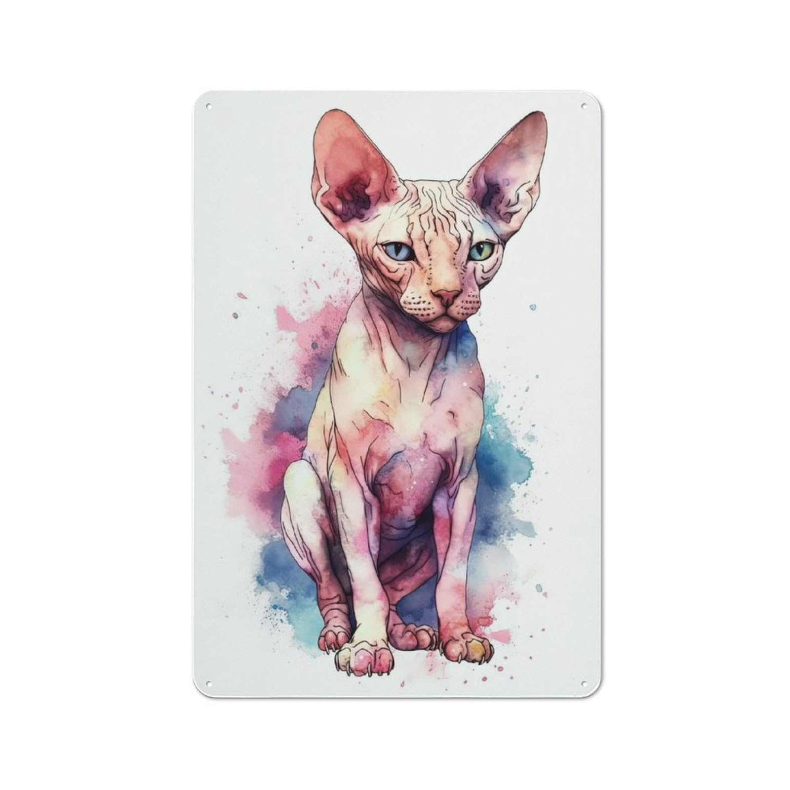 Junmoney Watercolor Sphynx Cat Art Garage Style Decorative Metal Plaque 30X20cm, Garage Wall Decor For Workshop, Basement, Shed Or Games Room