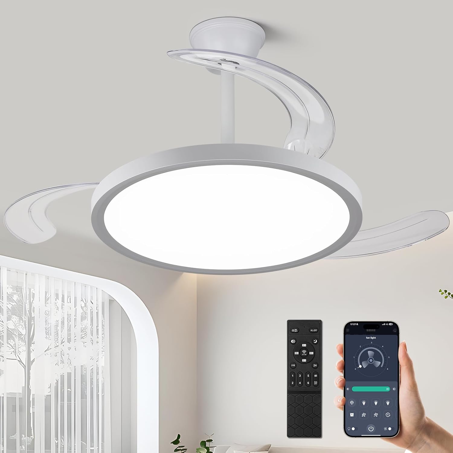 42 inch Retractable Ceiling Fan with Lights,6 Speed Dimmable Silent Fan,Modern Ceiling Fan with Light Remote Control for Bedroom Living Room Kitchen (Black)