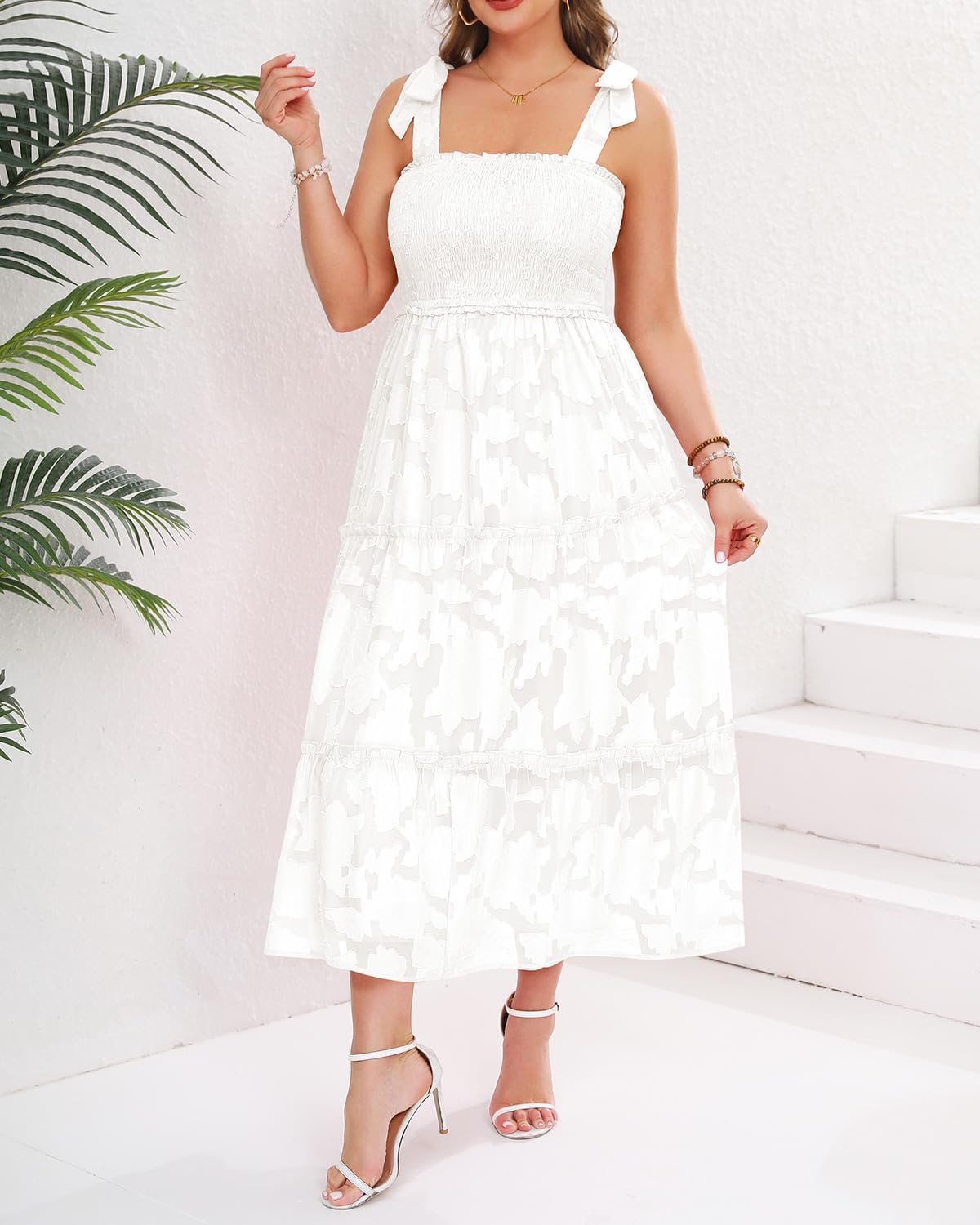 Plus Size Summer Dress 2025 - Sun Boho Spaghetti Strap Lace Floral Casual Beach Smocked Maxi Dress - Image 5