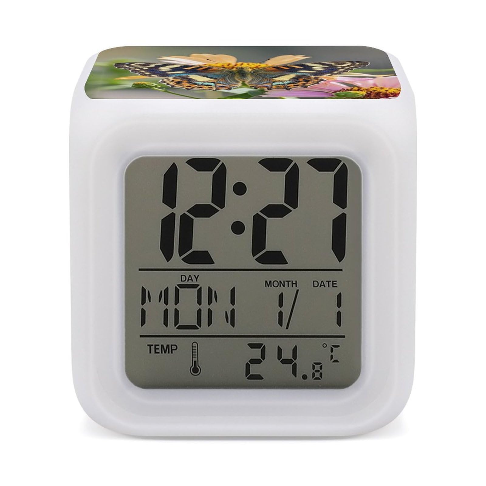 LZQPOEAS Butterfly Alarm Clock Desk Clock with 7 Color Changing Night Light Digital Clocks with Temperature Display Sleep Training and Sound Machine for Heavy Sleeper
