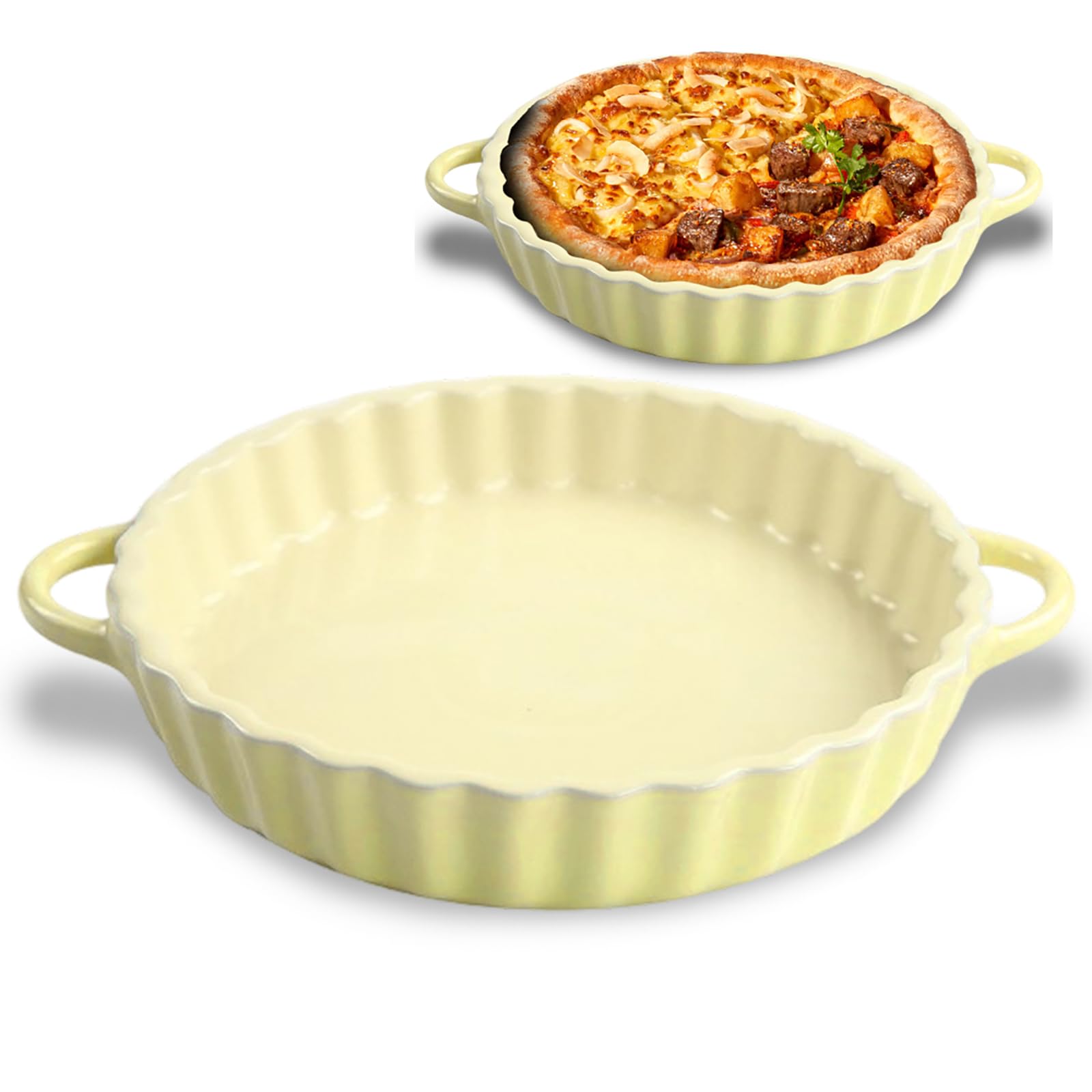 Teglia Forno Pizza Rotonda in Ceramica, Stampo per Crostata, Stampo per Torta, Teglia per Pizza, Pie, Quiche, Lasagne, Torte, Tapas e Altro, Diametro 21 cm (Giallo)