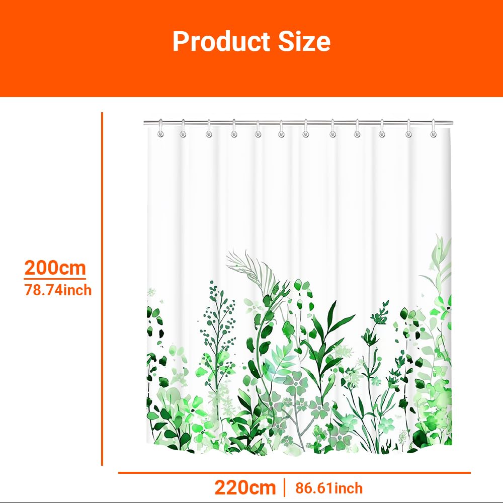 Lerores Tenda da doccia 220 x 200 cm, verde foglie, orlo appesantito, antimuffa, tessuto impermeabile, lavabile, in poliestere, con occhielli e 14 anelli per tenda da doccia per bagno, vasca da bagno