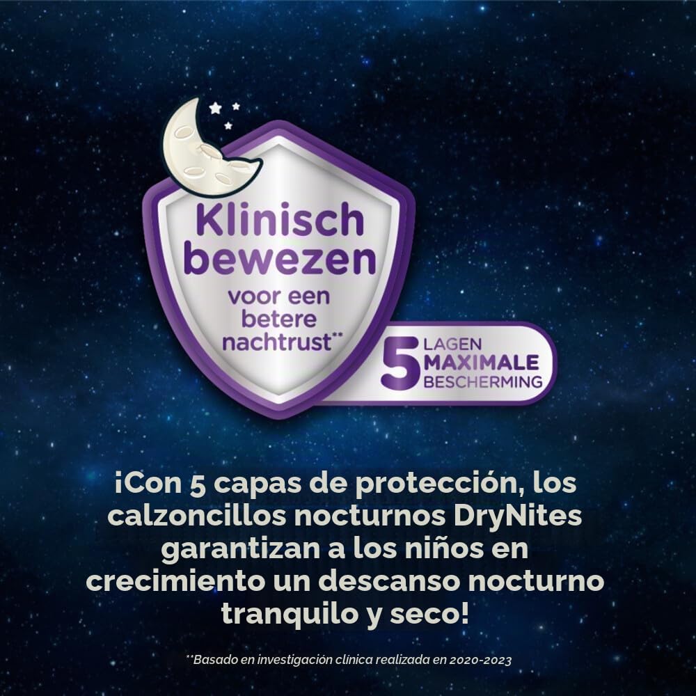 Huggies DryNites Pañales de Noche para Niña 3-4 (16-23 kg), Clínicamente Probado con 5 Capas de Máxima Protección Nocturna, 4 Packs de 16, Total 64 Bragas Absorbentes