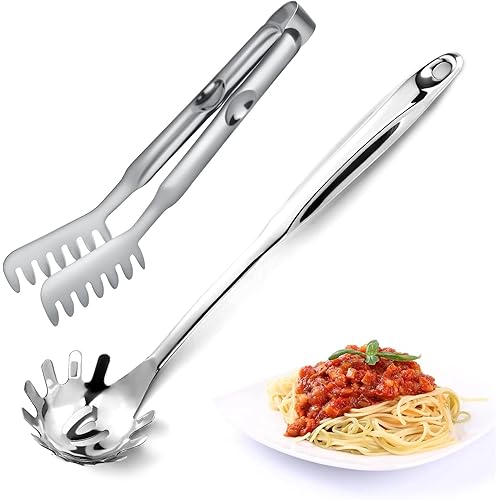 Pleafind Spaghetti Spoon and Spaghetti Tong 2-Piece Set, 13-Inch Non-Stick Spaghetti Fork and 11.4-Inch Kitchen Tong, Easy Storage and Cleanup, Ergonomic Design, stainless steel