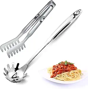 Pleafind Spaghetti Spoon and Spaghetti Tong 2-Piece Set, 13-Inch Non-Stick Spaghetti Fork and 9-Inch Kitchen Tong, Easy Storage and Cleanup, Ergonomic Design, stainless steel, Silver
