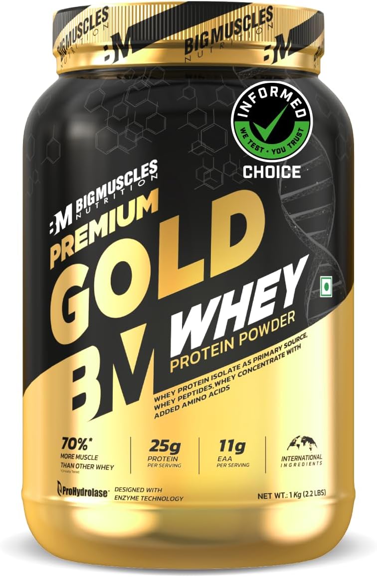 Bigmuscles Nutrition Premium Gold Whey [1Kg] | Informed Choice UK Certified | Isolate Whey Protein Blend | 25g Protein | 11g EAA | ProHydrolase Enzyme Technology [Cookie & Cream]
