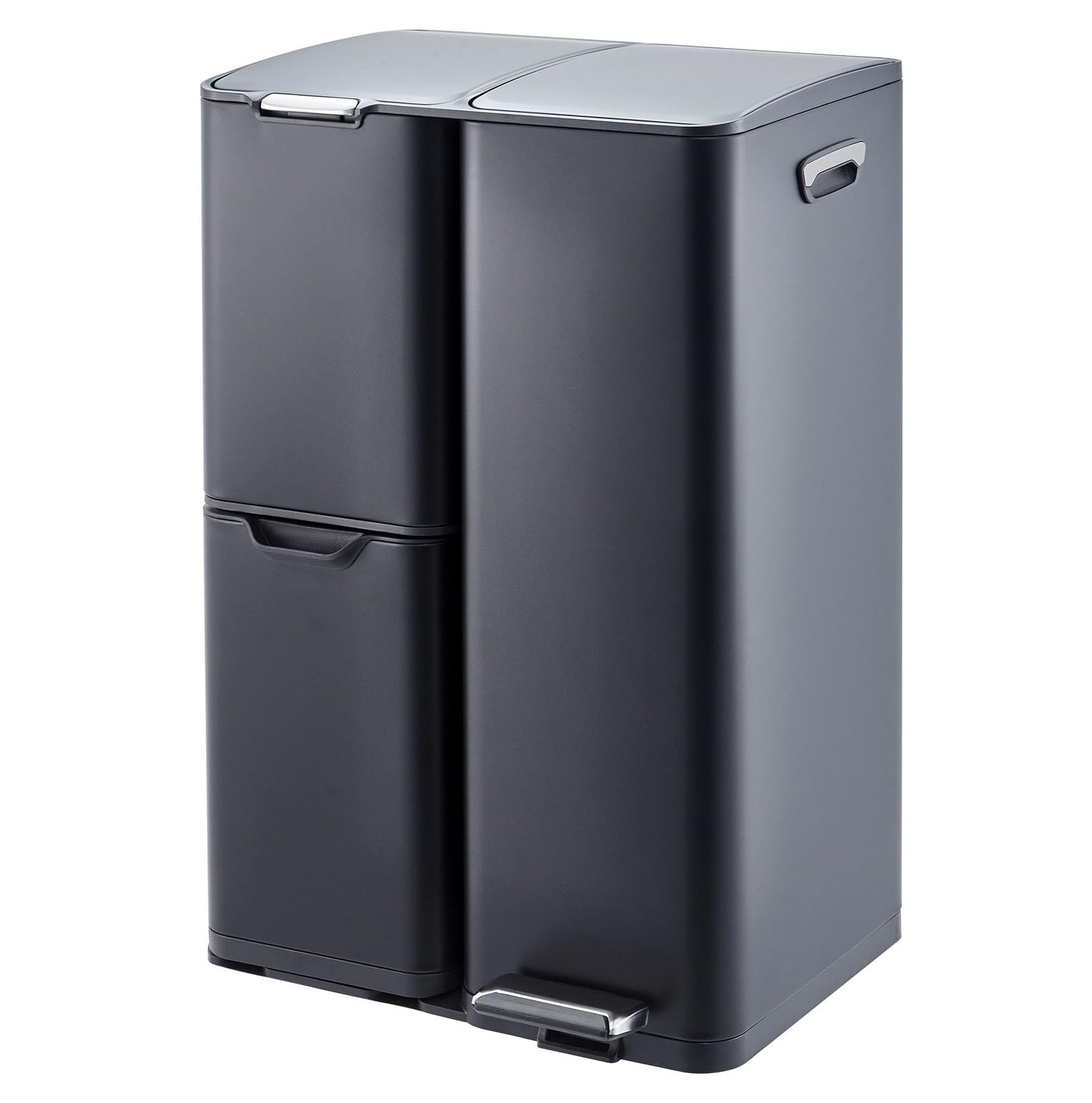 OUTLANE 16 Gal Kitchen Trash Can, Triple Compartment Stainless Steel Garbage Can with Foot Pedal and Removable Inner Bucket, Trash Can and Recycle Bin