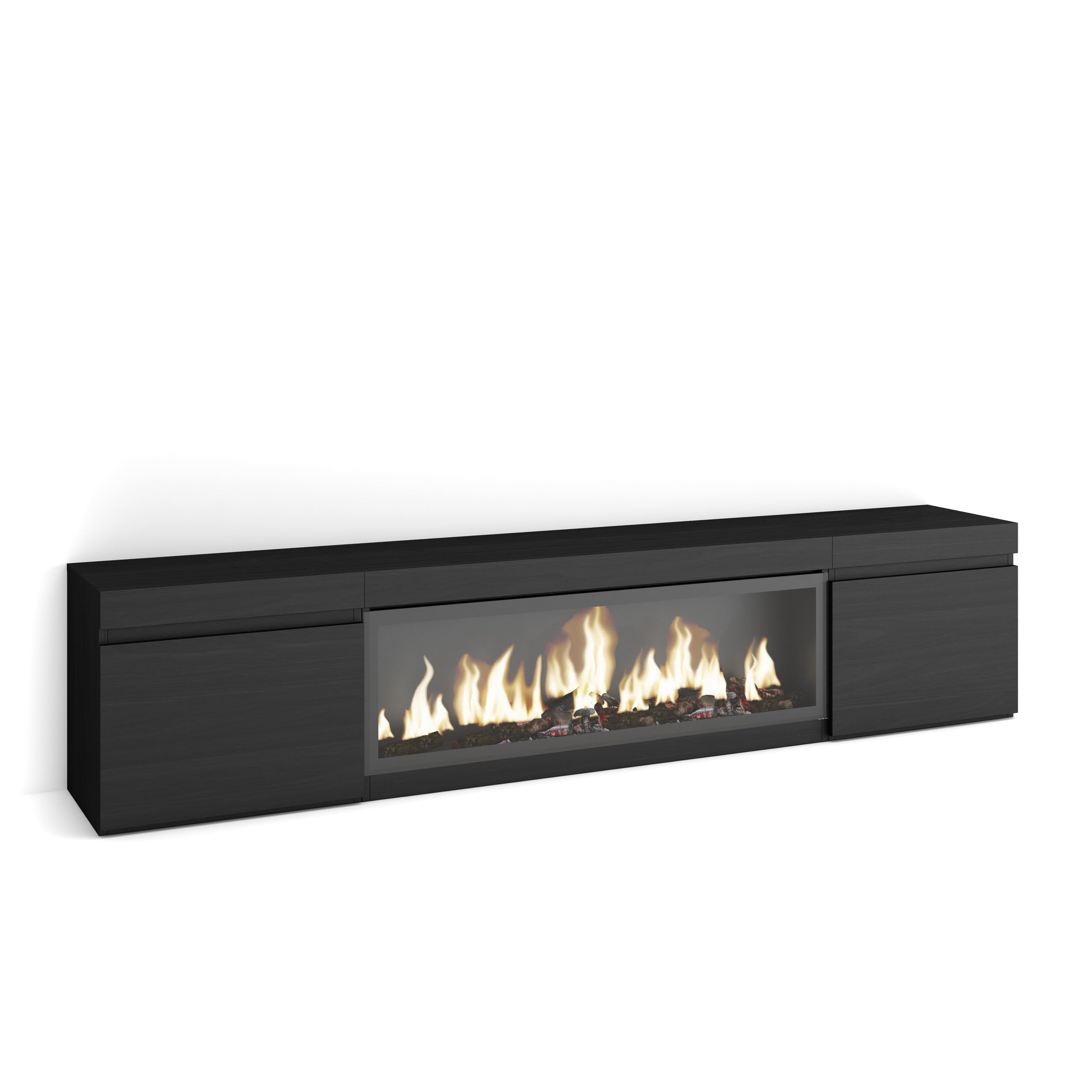 Skraut Home | Meuble TV | Banc Télé | Grand Espace de Rangement | 210 | pour Les TV jusqu'à 80" | Cheminée électrique XXL | Style Moderne | Noir