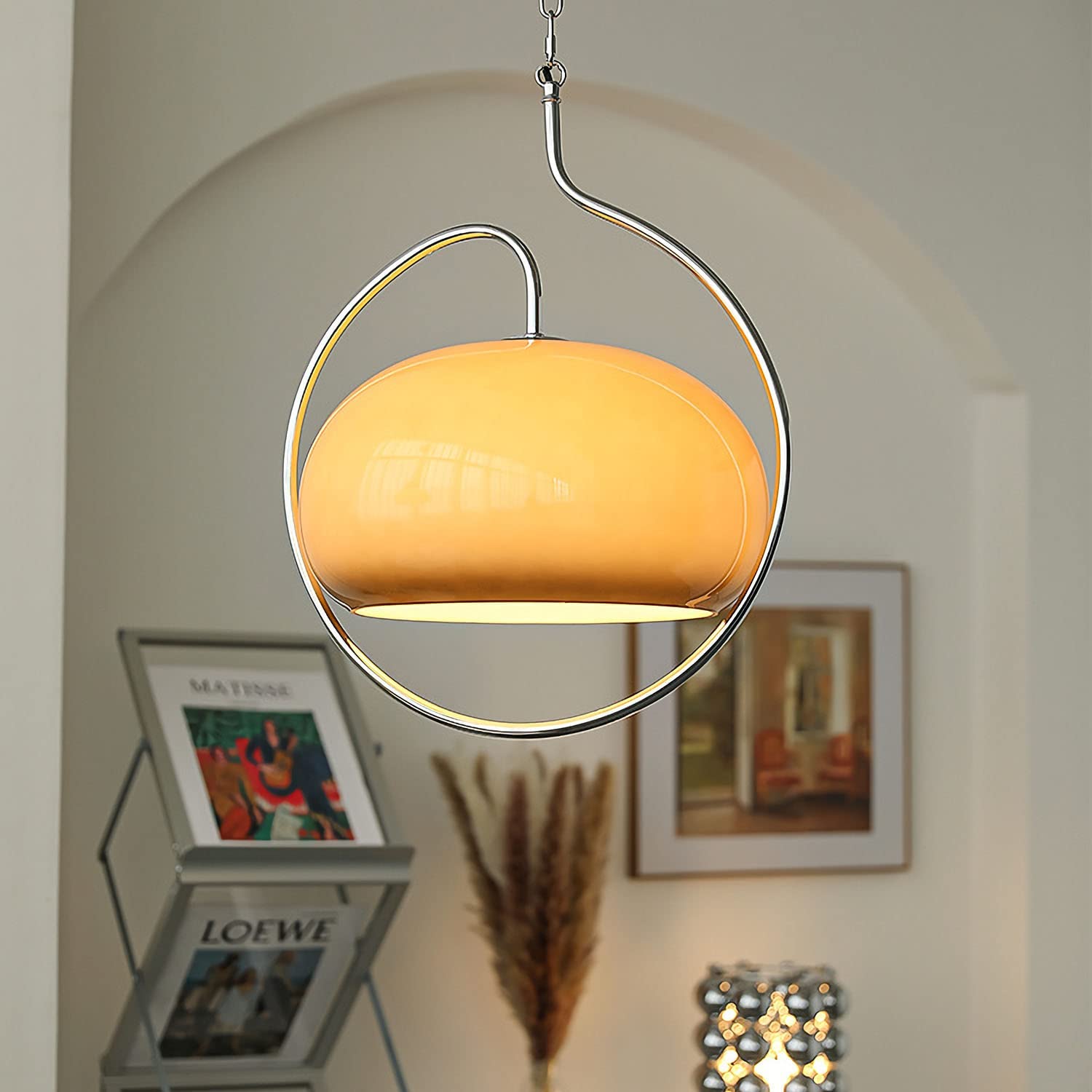 Lampe suspendue en chrome et verre ambré pour îlot de cuisine et chambre