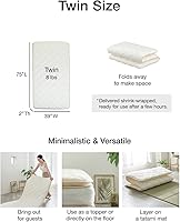 Vista 2 de FULI Futón japonés, cama de suelo japonesa, cama plegable de tatami, colchoneta enrollable, Shikibuton, fabricado en Japón (blanco, individual)