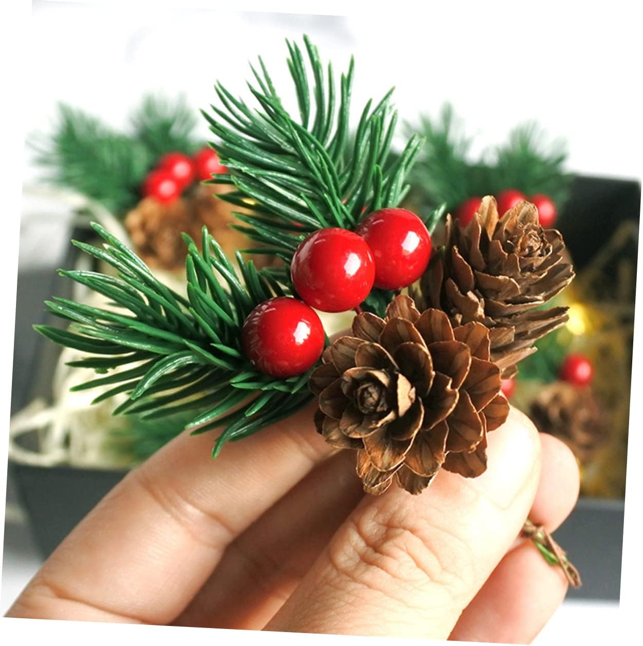 ABOOFAN 40pcs Artificial Pine Cone Picks Red Berries and Pine Needle Stems for Christmas Decor for Wreaths Floral Arrangements and