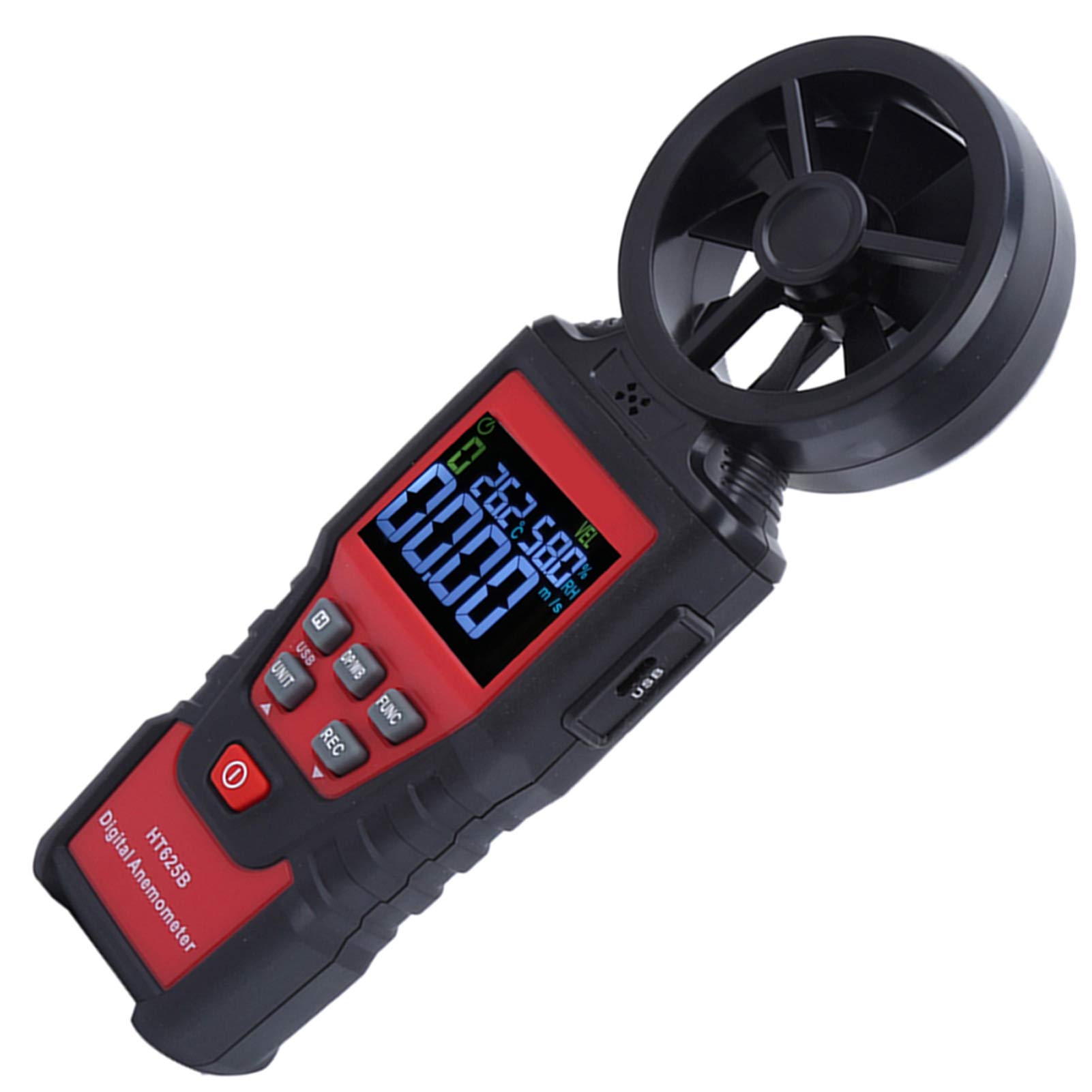 HT625B Digital Anemometer Air Speed Gauge Temperature Humidity Tester Meter with Low Friction Bearing Technology Eight Blades Backlight Display Compact Design