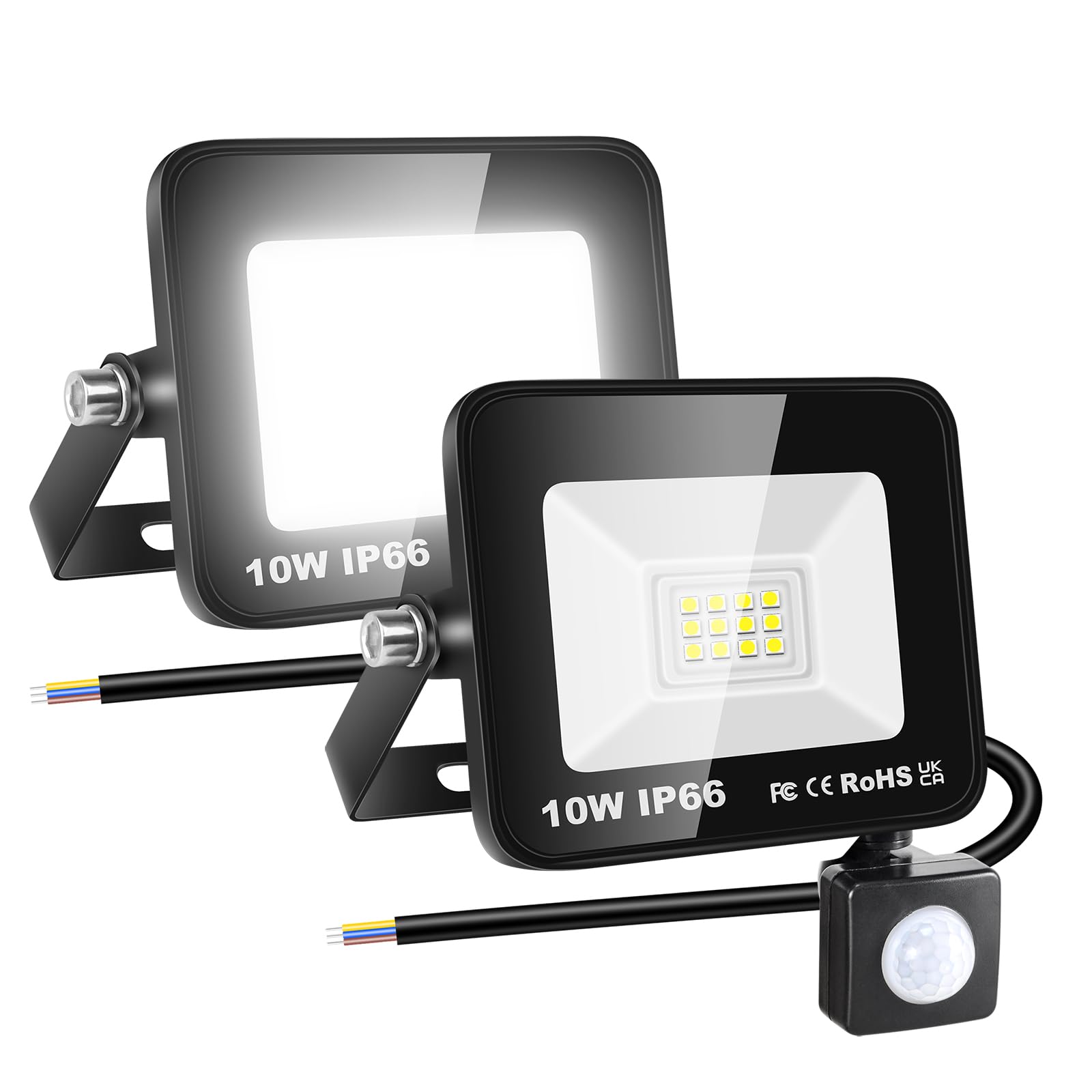 RIGIDON 2 Pcs PIR Motion Sensor Outdoor Floodlight, 10W 1000 Lumens Outside Led Work Light, Daylight Cold White Wall Light for Garden Garage Backyard Patio Lawn House Doorway, IP66 Waterproof 6000K