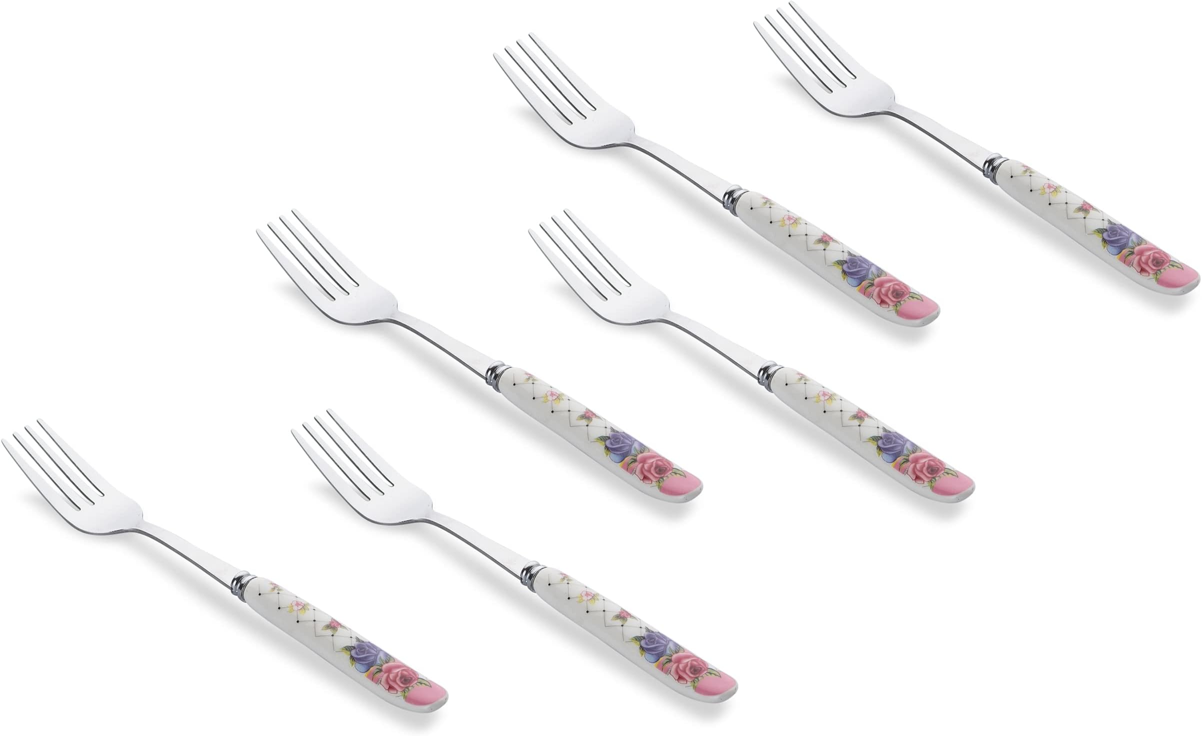 Floral Stainless Steel Fork Set with Ceramic Handle for Home Kitchen & Restaurant Cutlery Dinner Table Bouillon Fork Tableware for Noodles, Salad & Fruit Serving (Big Set of 6)