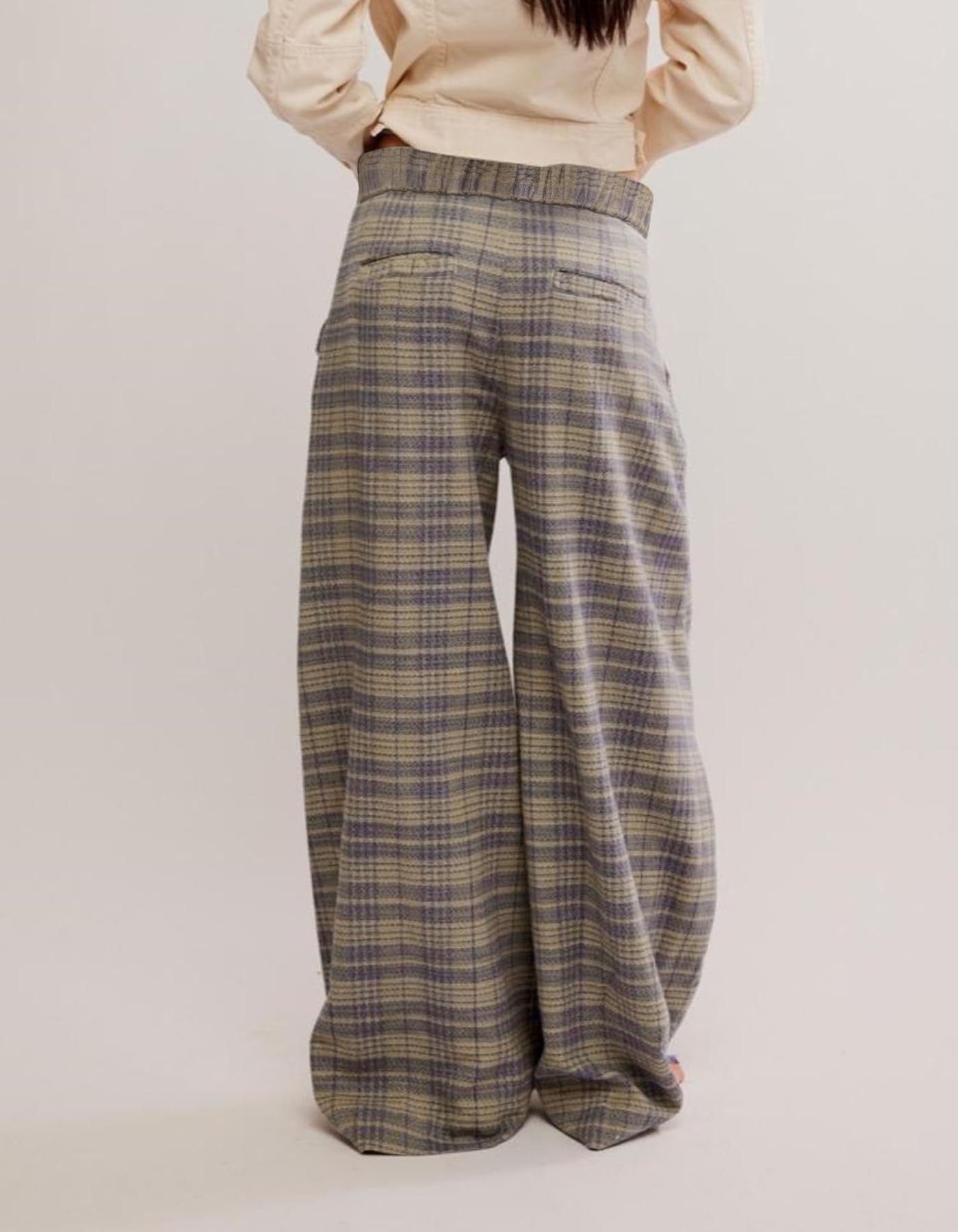 Kedera Damen-Hose, Vintage-Schottenkaro, weites Bein, hohe Taille, Baggy-Hose, leger, Business-Arbeitshose